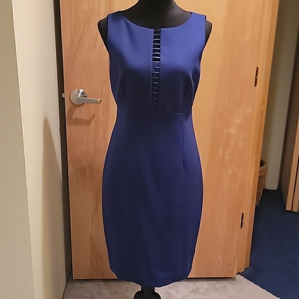 Elie Tahari royal blue leather trimmed sheath dress sz 8